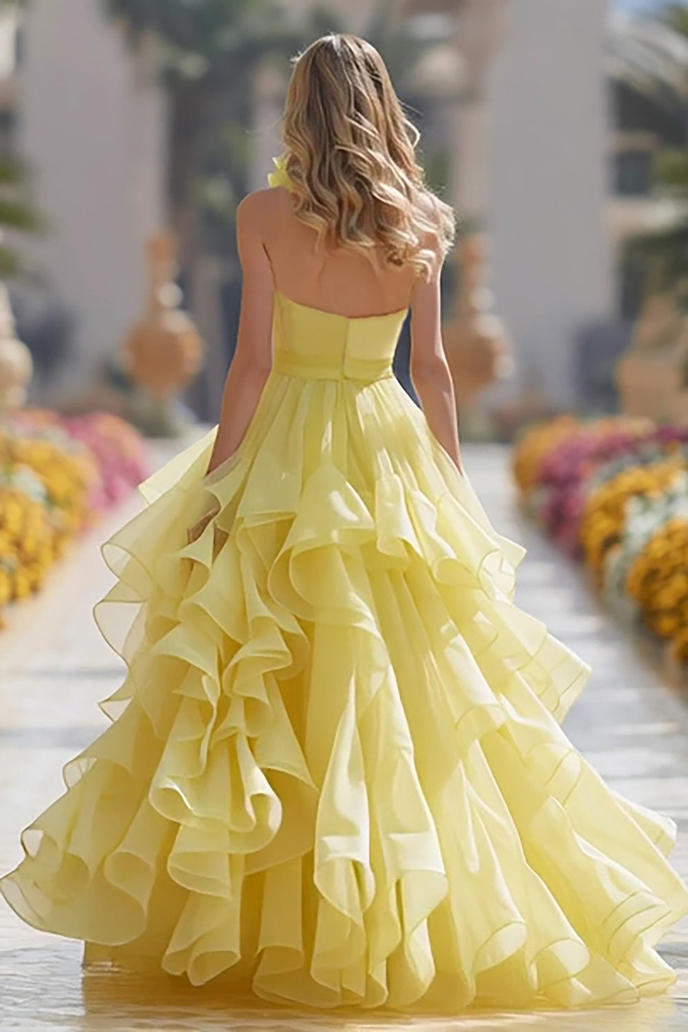 Light Yellow Halter A-Line Ruffle Maxi Prom Dress