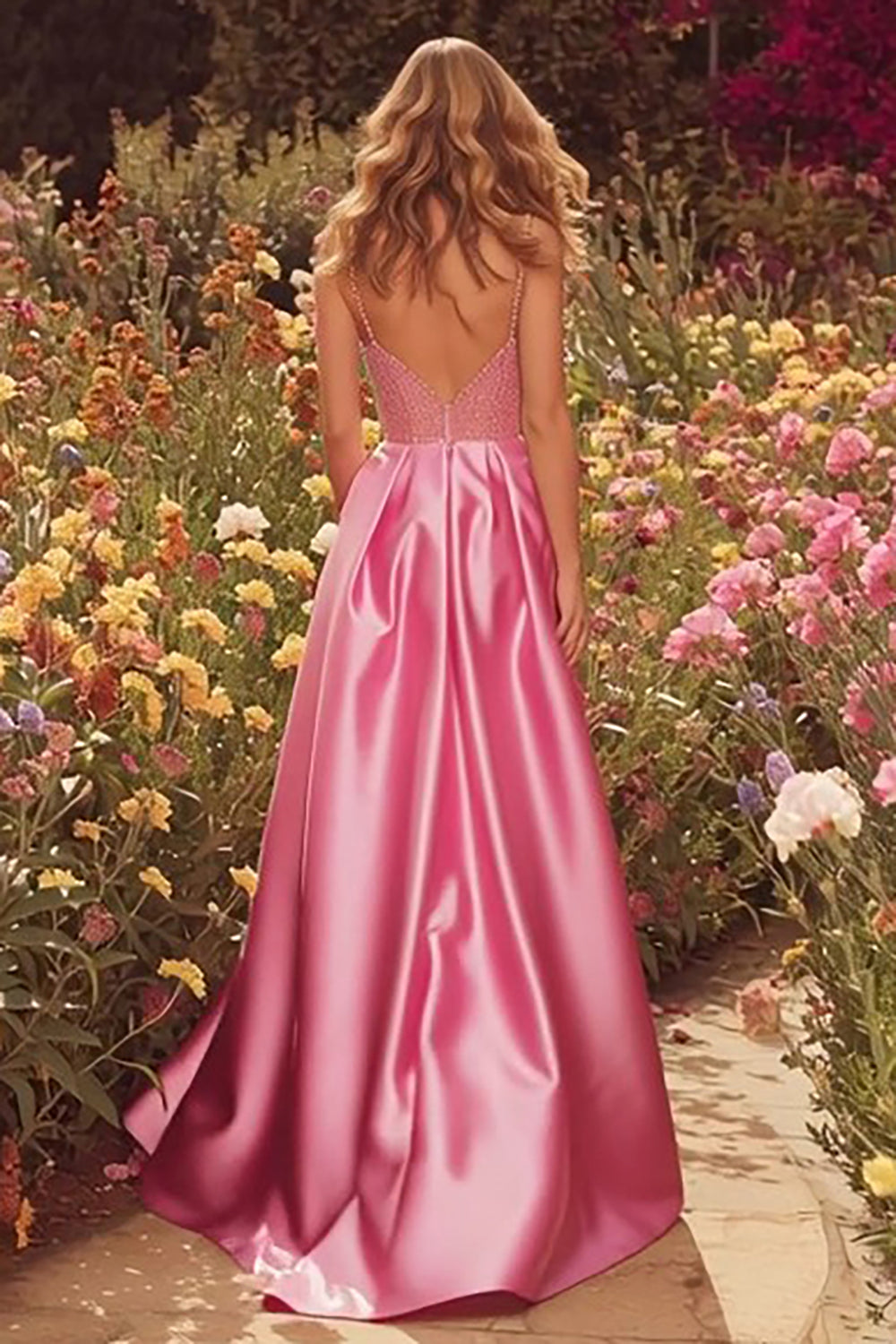Pink A-Line Spaghetti Straps Beaded Prom Dress With Slit