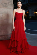 Red Spaghetti Straps A-Line Maxi Gala Dress With Ruffles