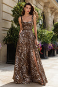 Brown Leopard A-Line Square Neck Prom Dress With Slit