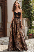 A-Line Sweetheart Brown Leopard Maxi Prom Dress