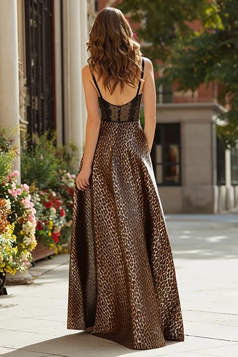 Brown Leopard A-Line Corset Maxi Prom Dress