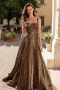 Brown Leopard A-Line Thick Straps Maxi Prom Dress
