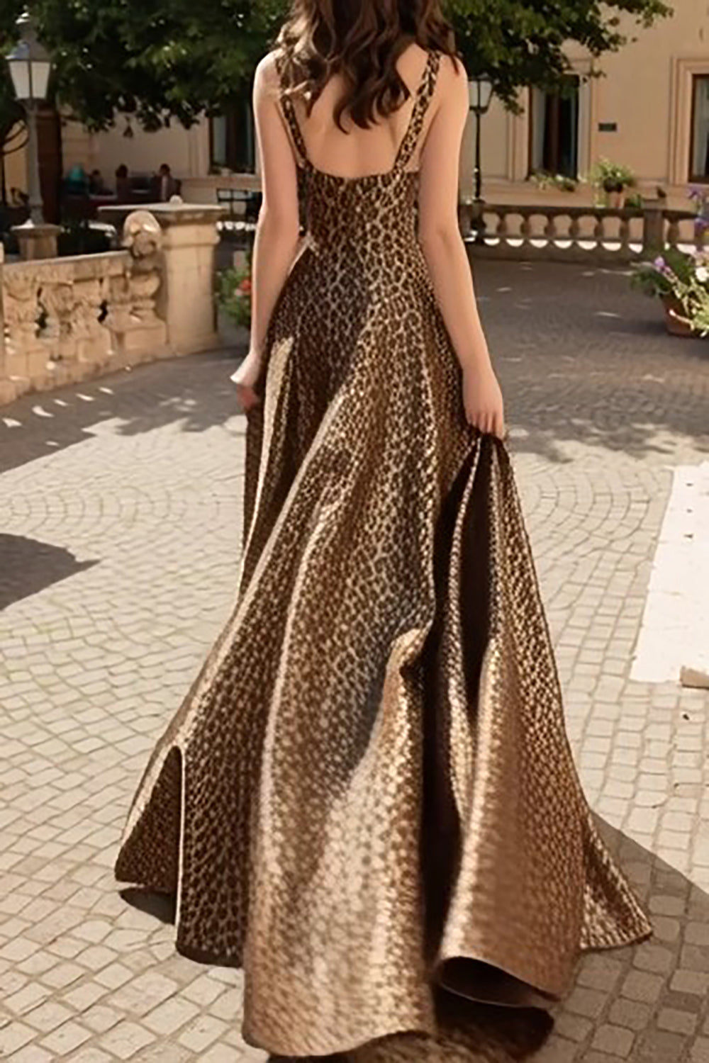 Brown Leopard A-Line Thick Straps Maxi Prom Dress