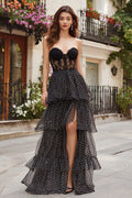 Black and White Dots A-Line Ruffled Sweetheart Prom Dress With Slit