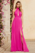 Fuchsia Halter A-Line Keyhole Ruched Prom Dress With Slit
