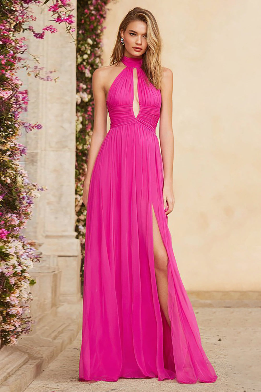 Fuchsia Halter A-Line Keyhole Ruched Prom Dress With Slit