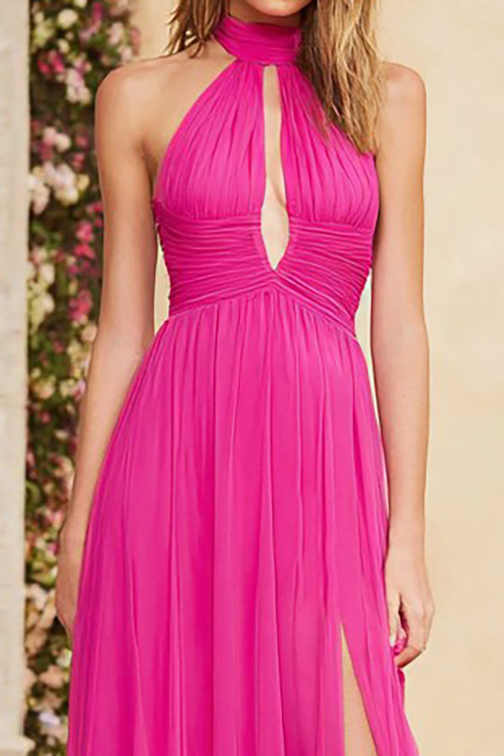 Fuchsia Halter A-Line Keyhole Ruched Prom Dress With Slit