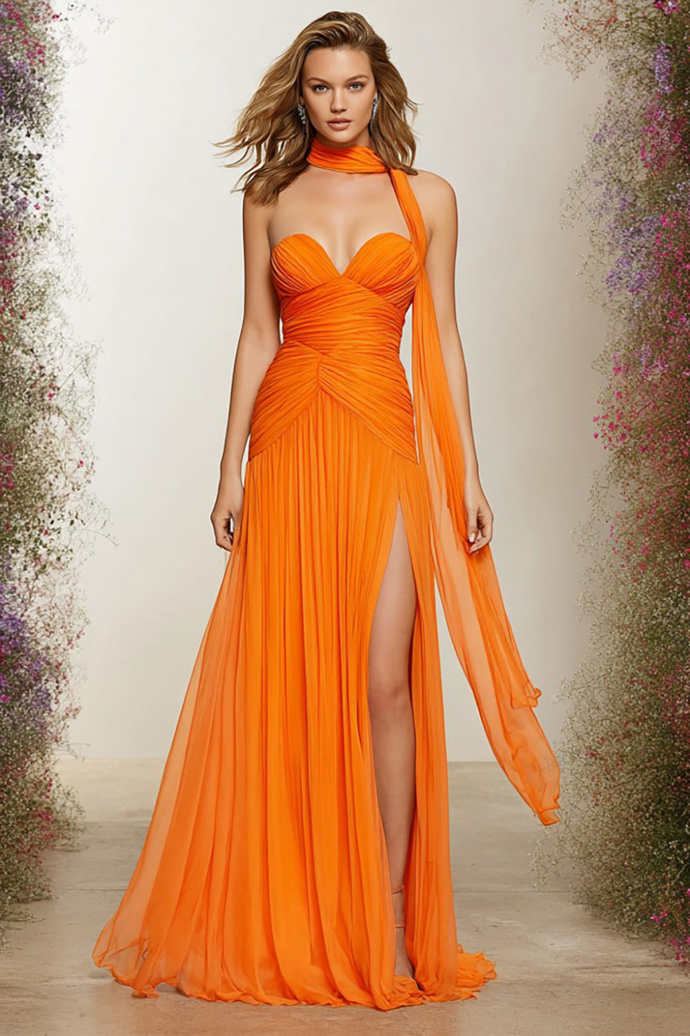 Orange Sweetheart A-Line Ruched Prom Dress With Slit