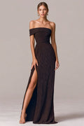 Coffee Sheath Off The Shoulder Pleated Long Formal Dress with Slit