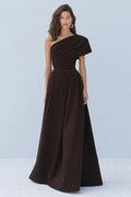 One Shoulder Coffee A-Line Satin Long Formal Dress
