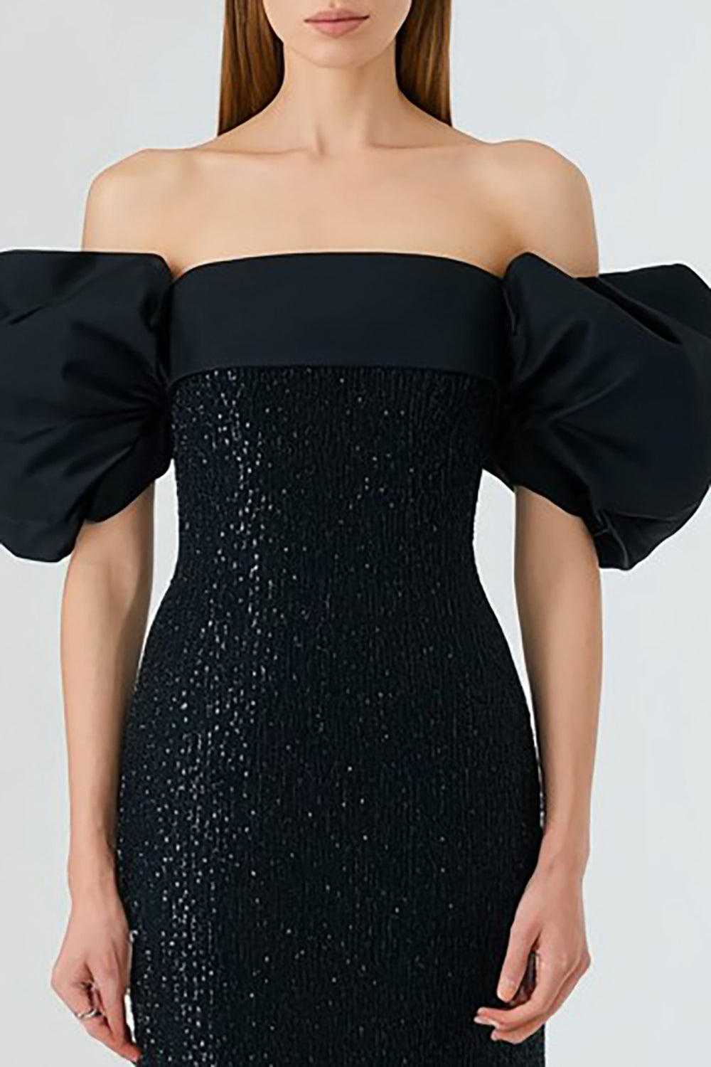 Sparkly Off The Shoulder Mermaid Black Tie Dress With Puff Sleeves
