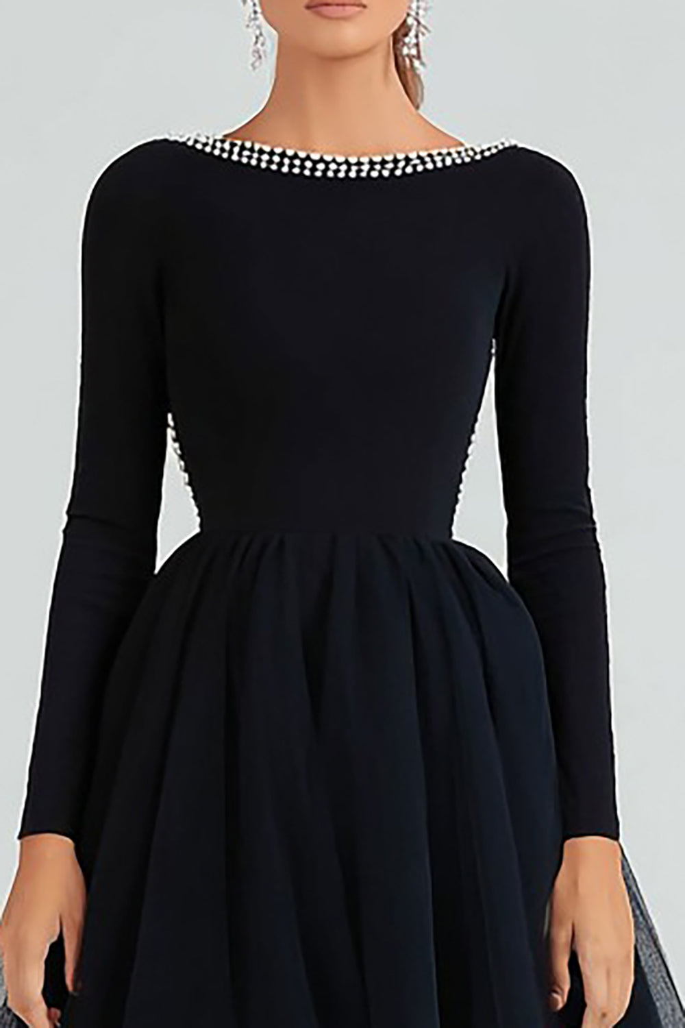 Black A-Line Bateau Neck Beaded Formal Dress with Long Sleeves