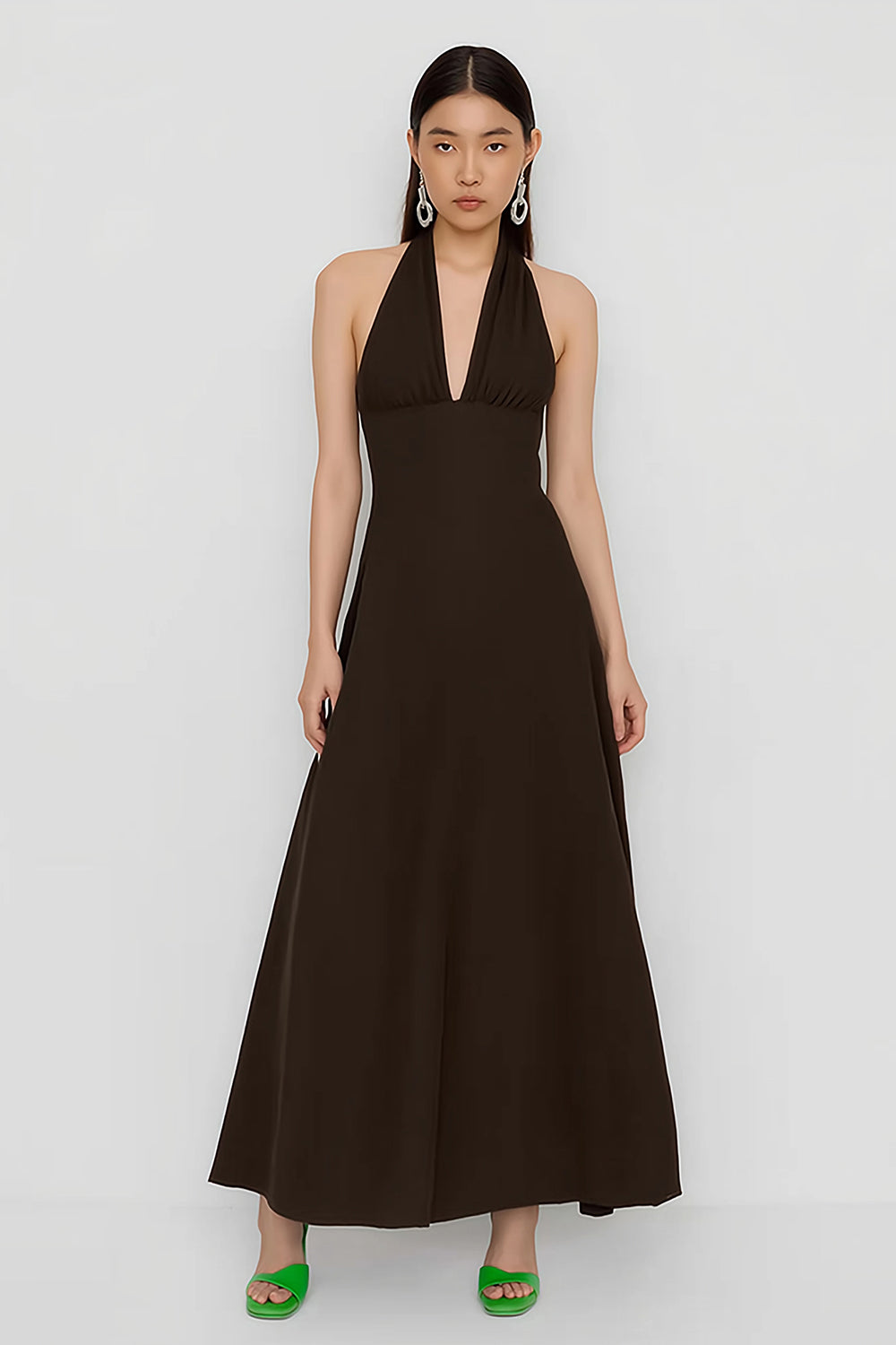 Coffee Halter A-Line Satin Wedding Guest Dress
