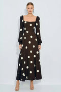 Brown A-Line Long Sleeve Polka Dot Dress