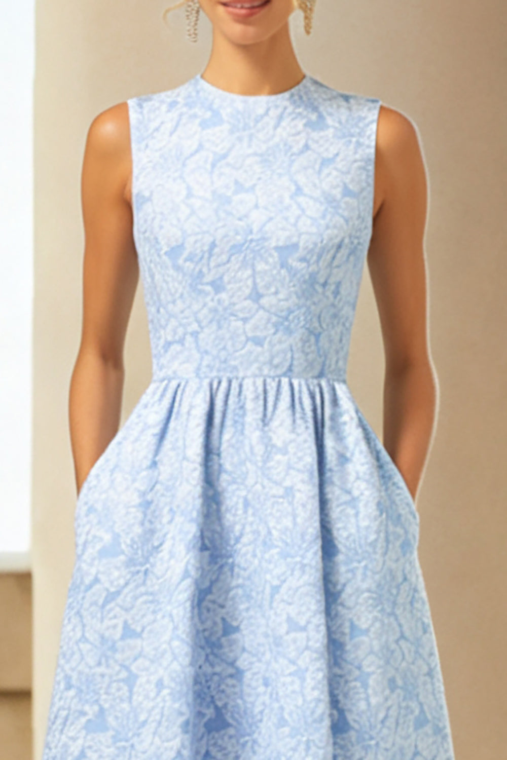 Blue Jacquard A-Line Wedding Guest Dress With Pockets