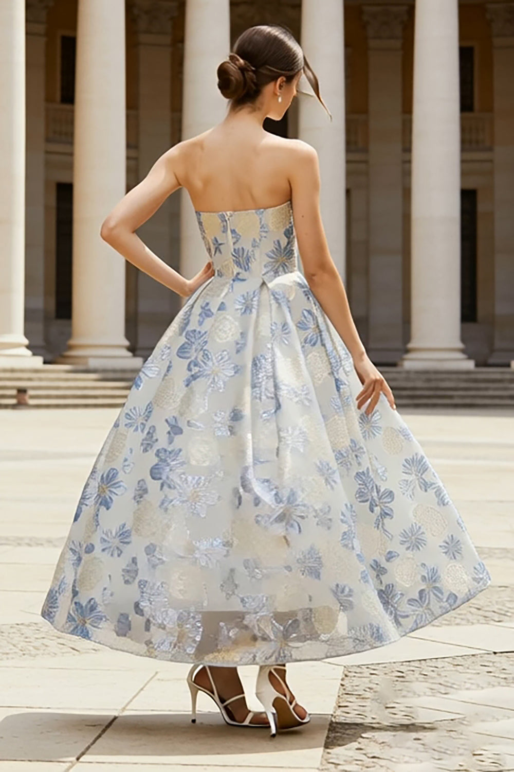 Dusty Blue Strapless A-Line Jacquard Floral Dress