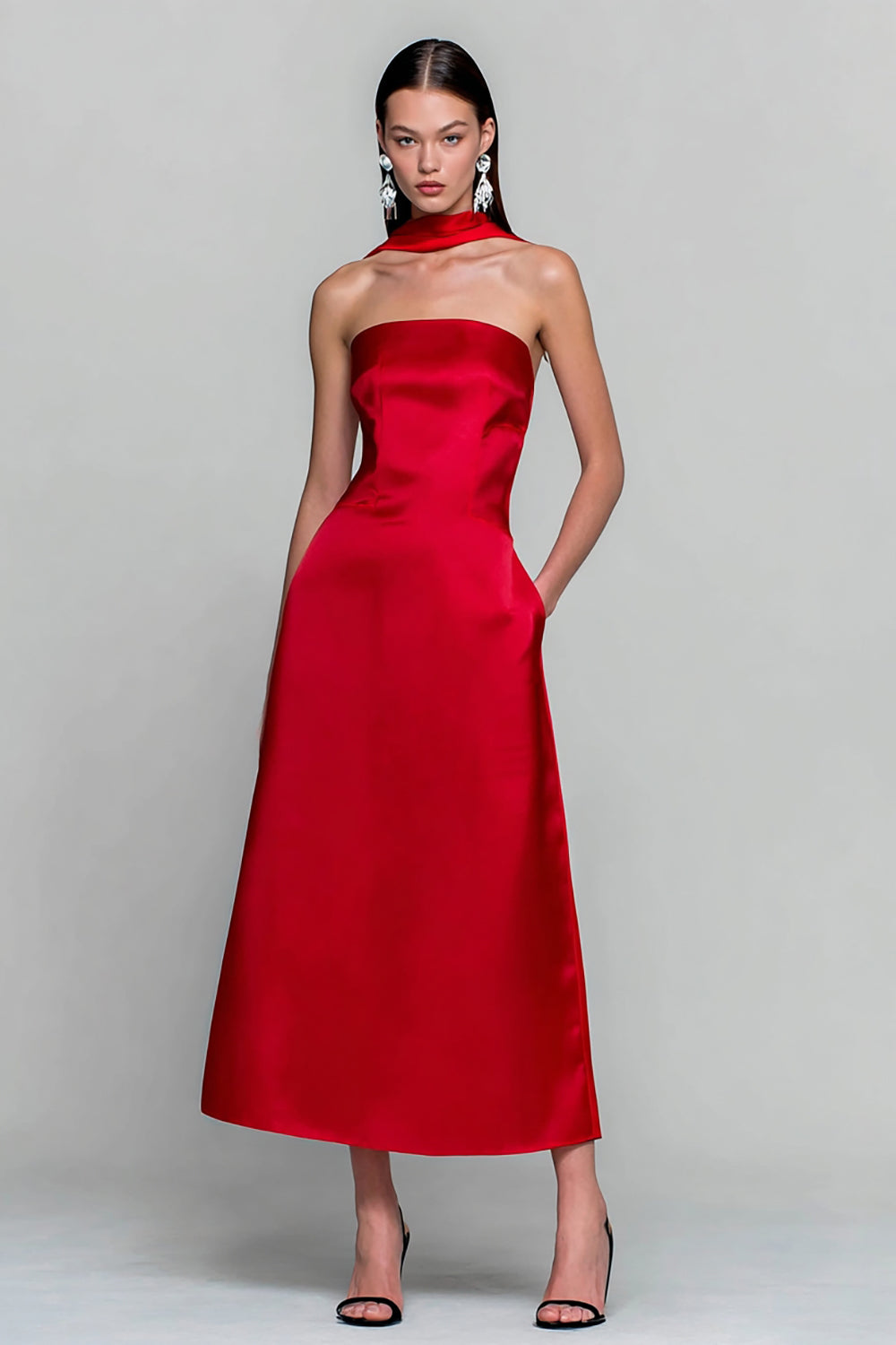Red Strapless A-Line Satin Wedding Guest Dress With Pockets