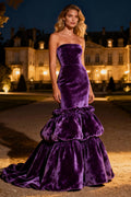 Strapless Purple Velvet Mermaid Ruffled Maxi Holiday Party Dress