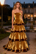Brown Velvet Strapless A Line Tiered Ruffle Maxi Holiday Party Dress