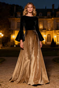 Black A-Line Velvet Maxi Holiday Dress with Flare Sleeves