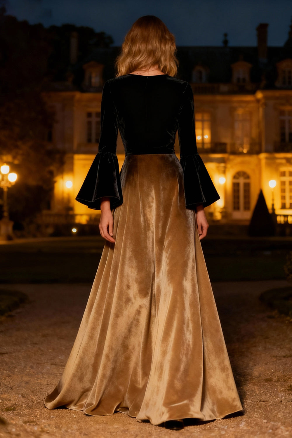 Black A-Line Velvet Maxi Holiday Dress with Flare Sleeves