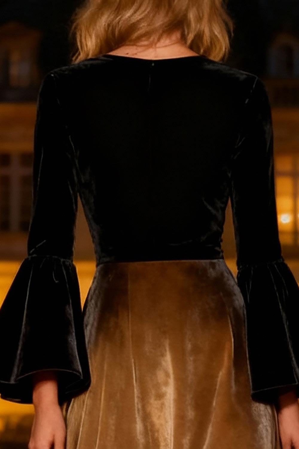Black A-Line Velvet Maxi Holiday Dress with Flare Sleeves