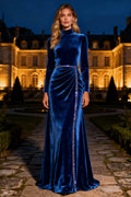 Royal Blue Long Sleeve Velvet Formal Dress With Beading