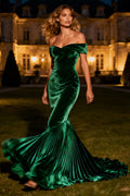 Dark Green Off The Shoulder Mermaid Pleated Velvet Maxi Evening Dress