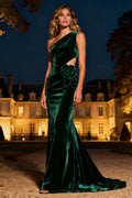 Dark Green One Shoulder Mermaid Velvet Maxi Holiday Dress With 3D Flower