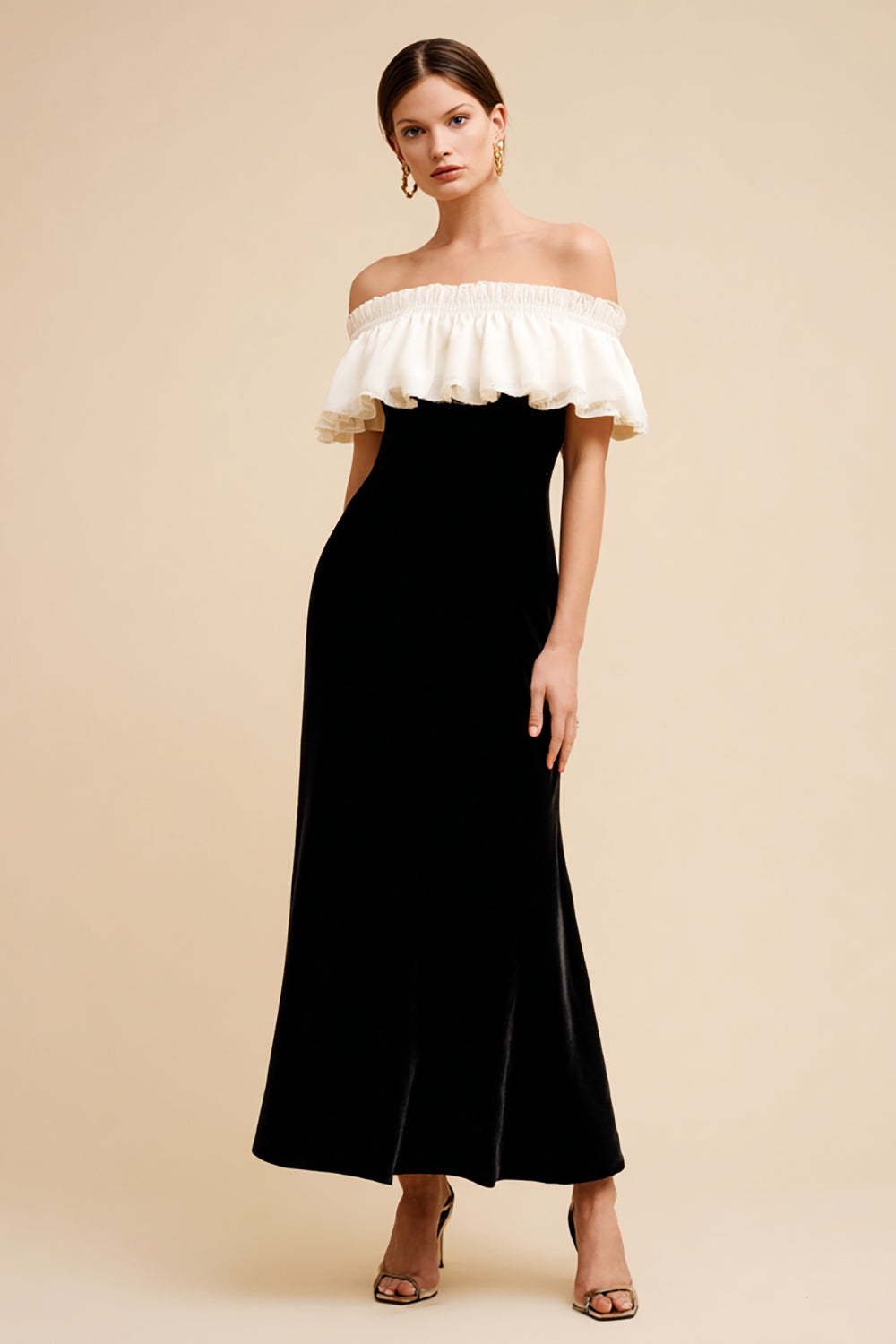 Black and White Off The Shoulder Velvet Formal Dress With Ruffles
