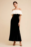Black and White Off The Shoulder Velvet Formal Dress With Ruffles