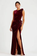 Burgundy Velvet Sheath Holiday Party Dress With Slit
