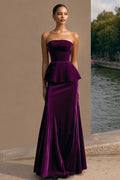 Strapless Plum Velvet Maxi Holiday Party Dress