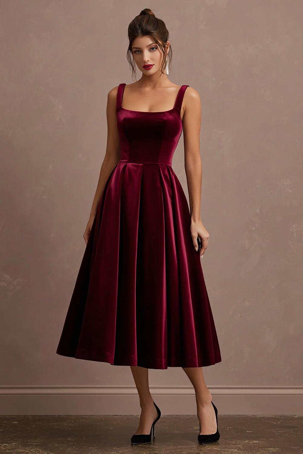 Burgundy A-Line Velvet Tea-Length Holiday Party Dress