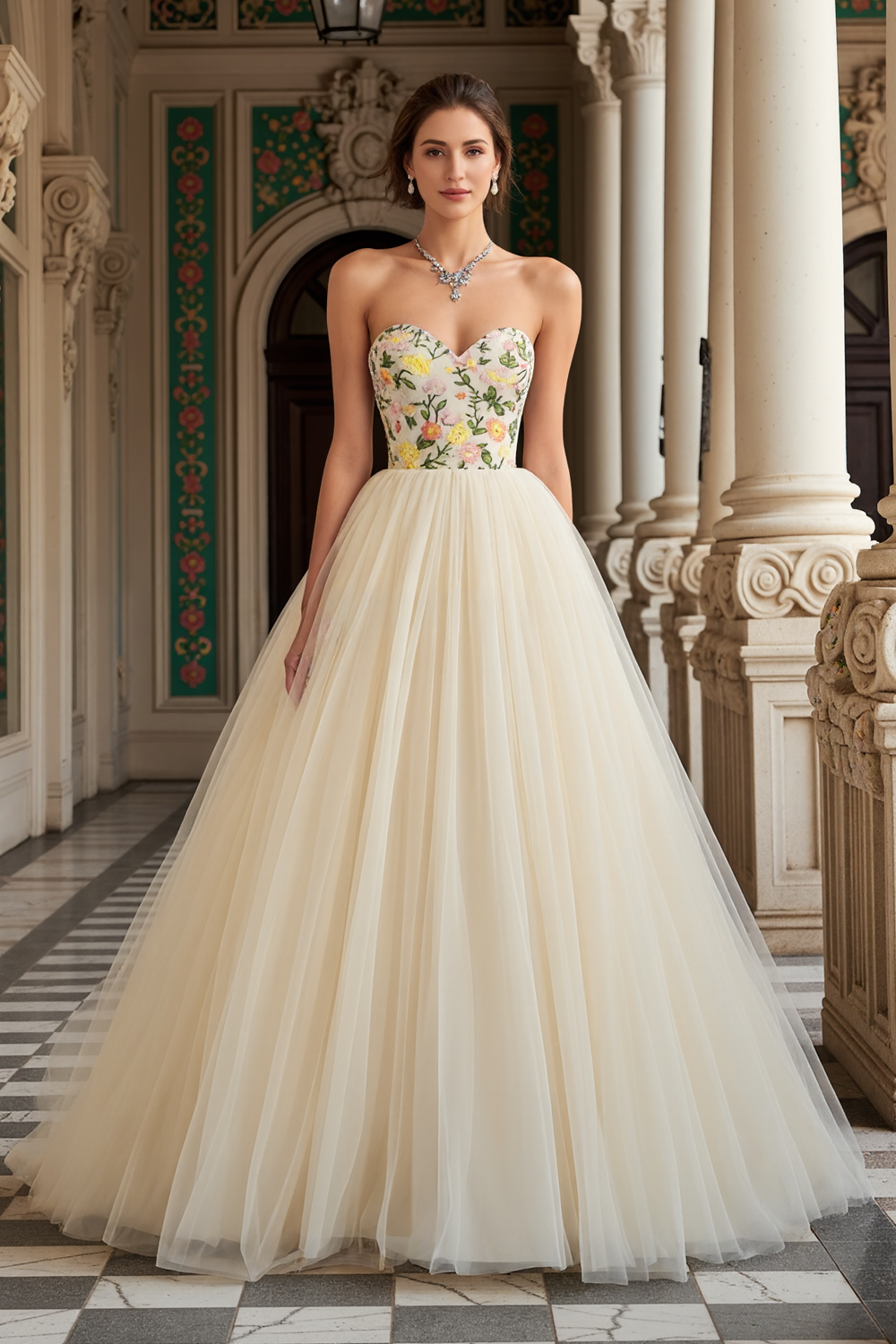 Ivory Sweetheart Embroidered A-Line Tulle Prom Dress