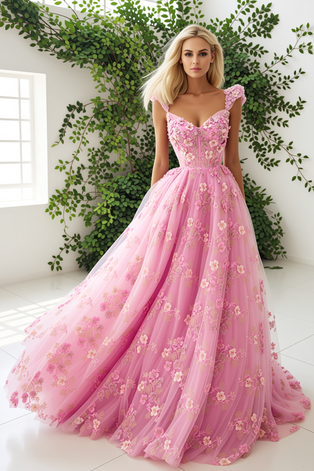 Floral Pink Corset A-Line Long Prom Dress