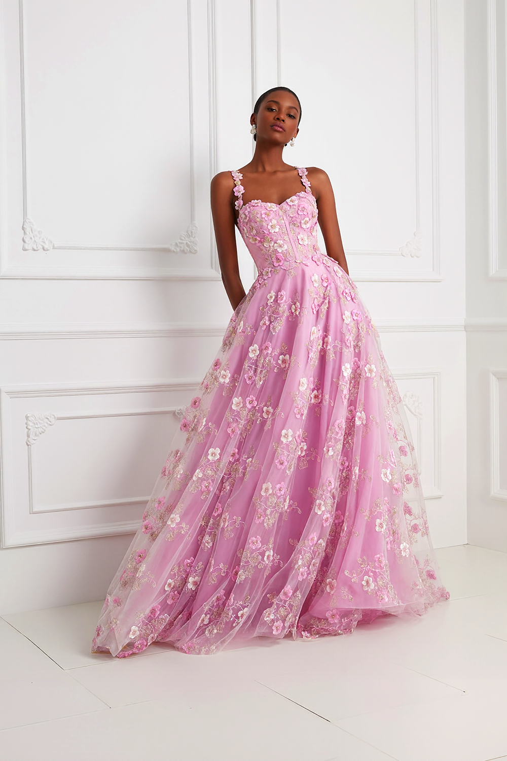Floral Pink Appliqued Spaghetti Straps A-Line Prom Dress