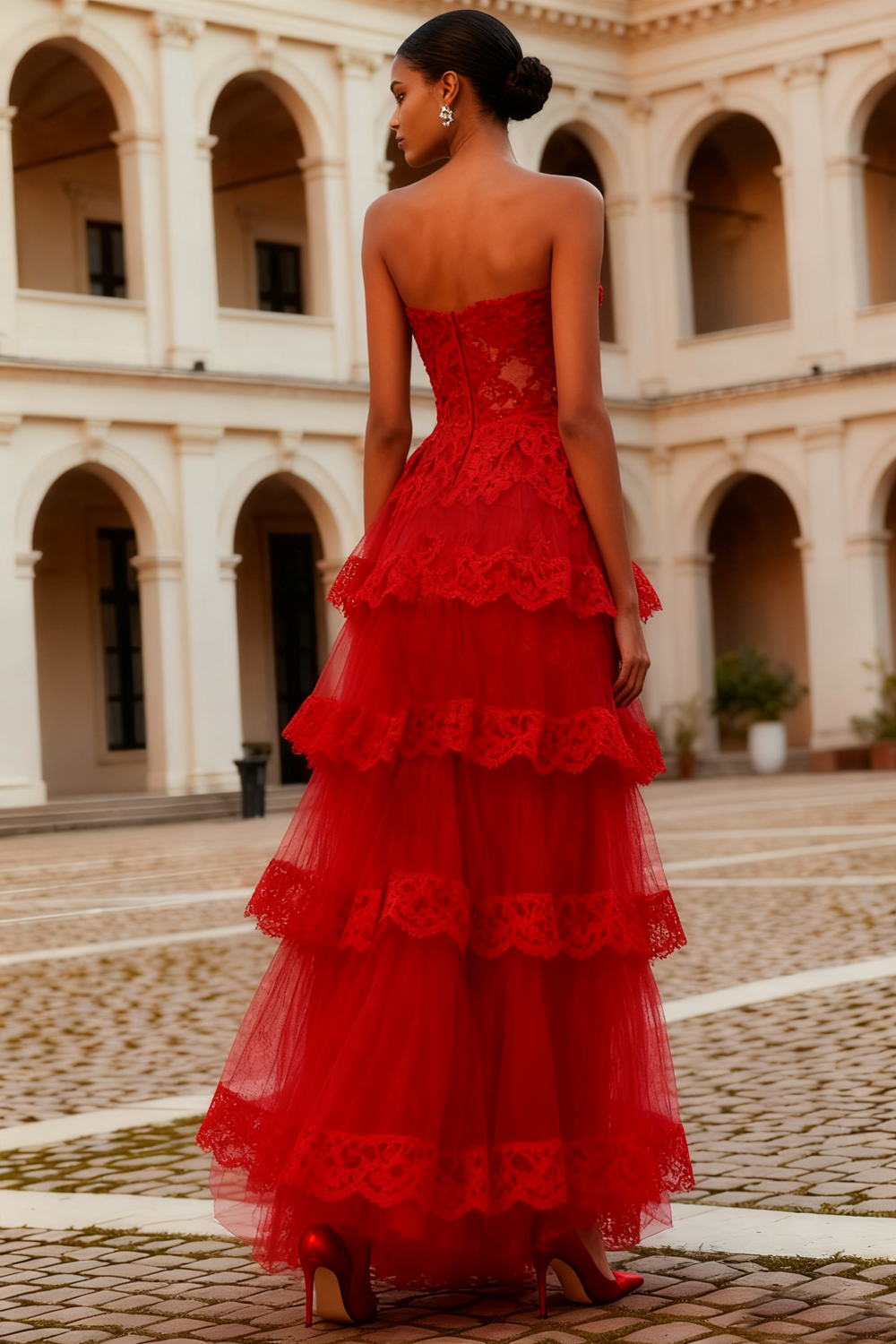 Strapless Red Tiered A-Line Prom Dress With Lace