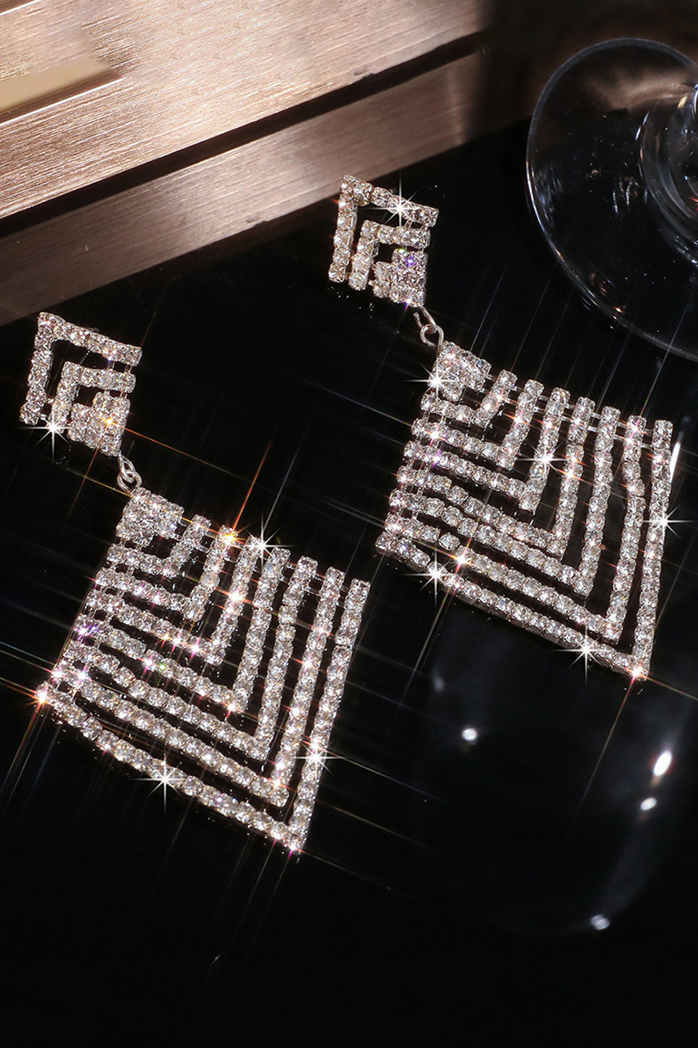 Silver Sqrare Shaped Rhinestone Drop Earrings