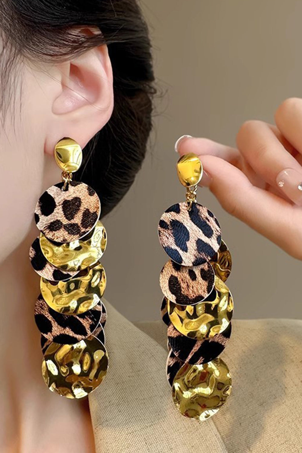 Chic Leopard and Metallic Gold Layered Dangle Earrings