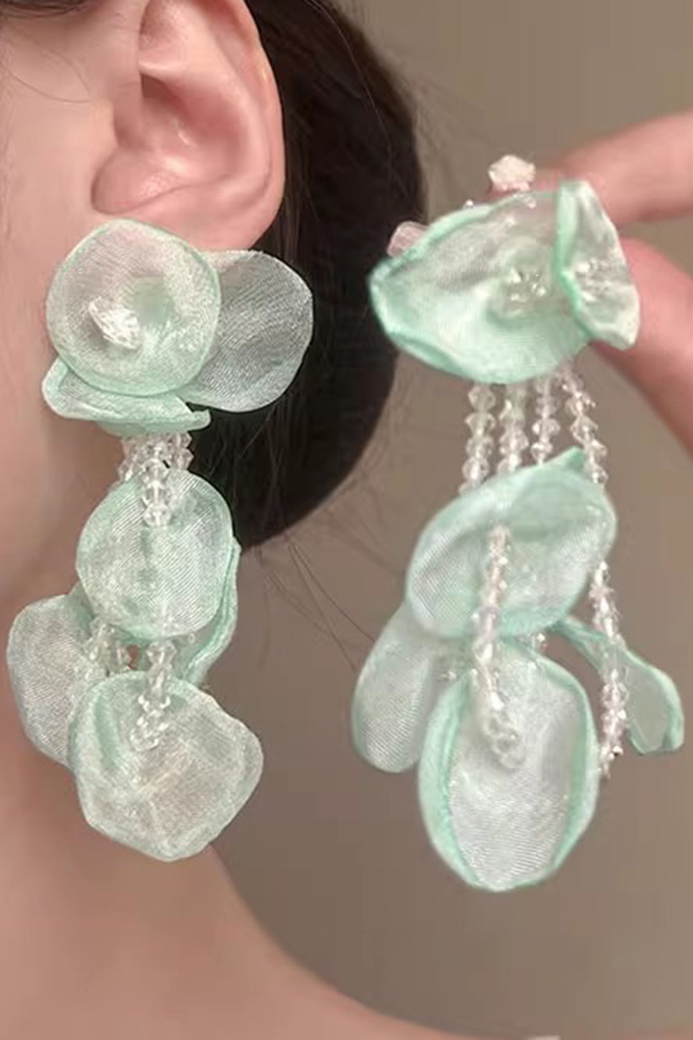 Elegant Light Green Floral Tassel Earrings with Beading