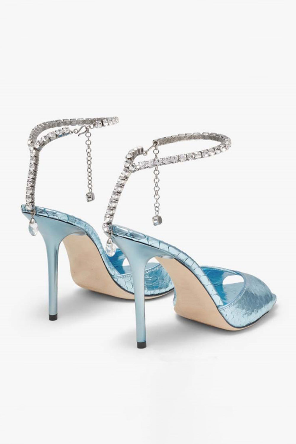 Dark Green Open Toe Stiletto Heels With Rhinestones Ankle Strap