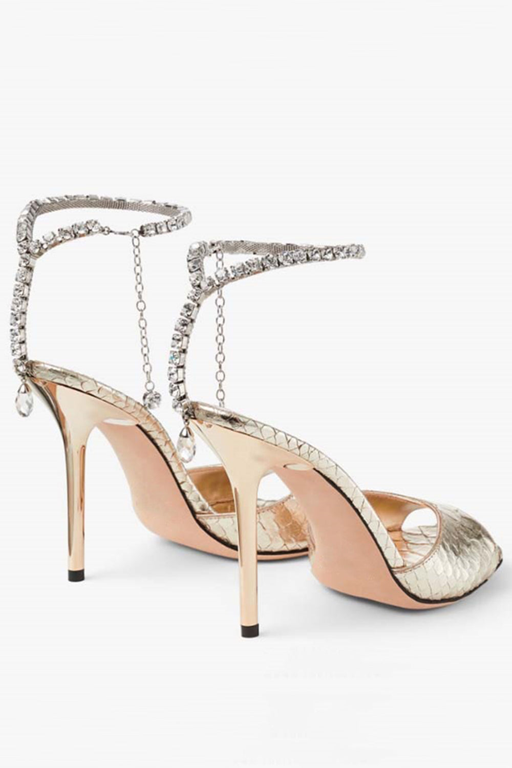 Dark Green Open Toe Stiletto Heels With Rhinestones Ankle Strap