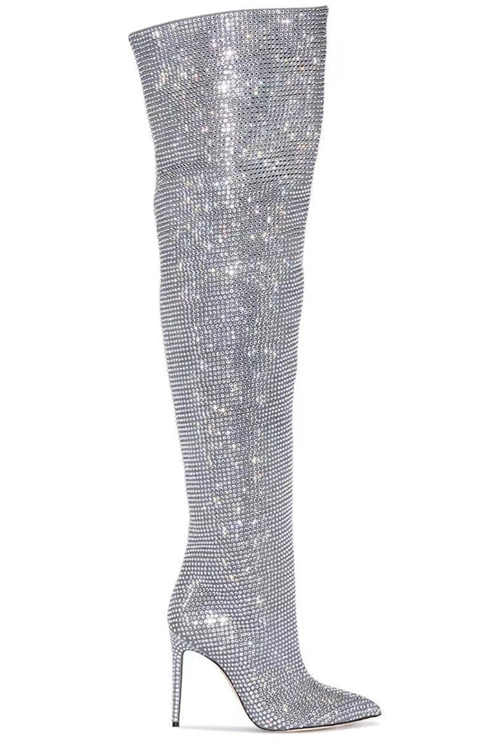 Sparkly Silver Rhinestone Over-The-Knee Stiletto Boots
