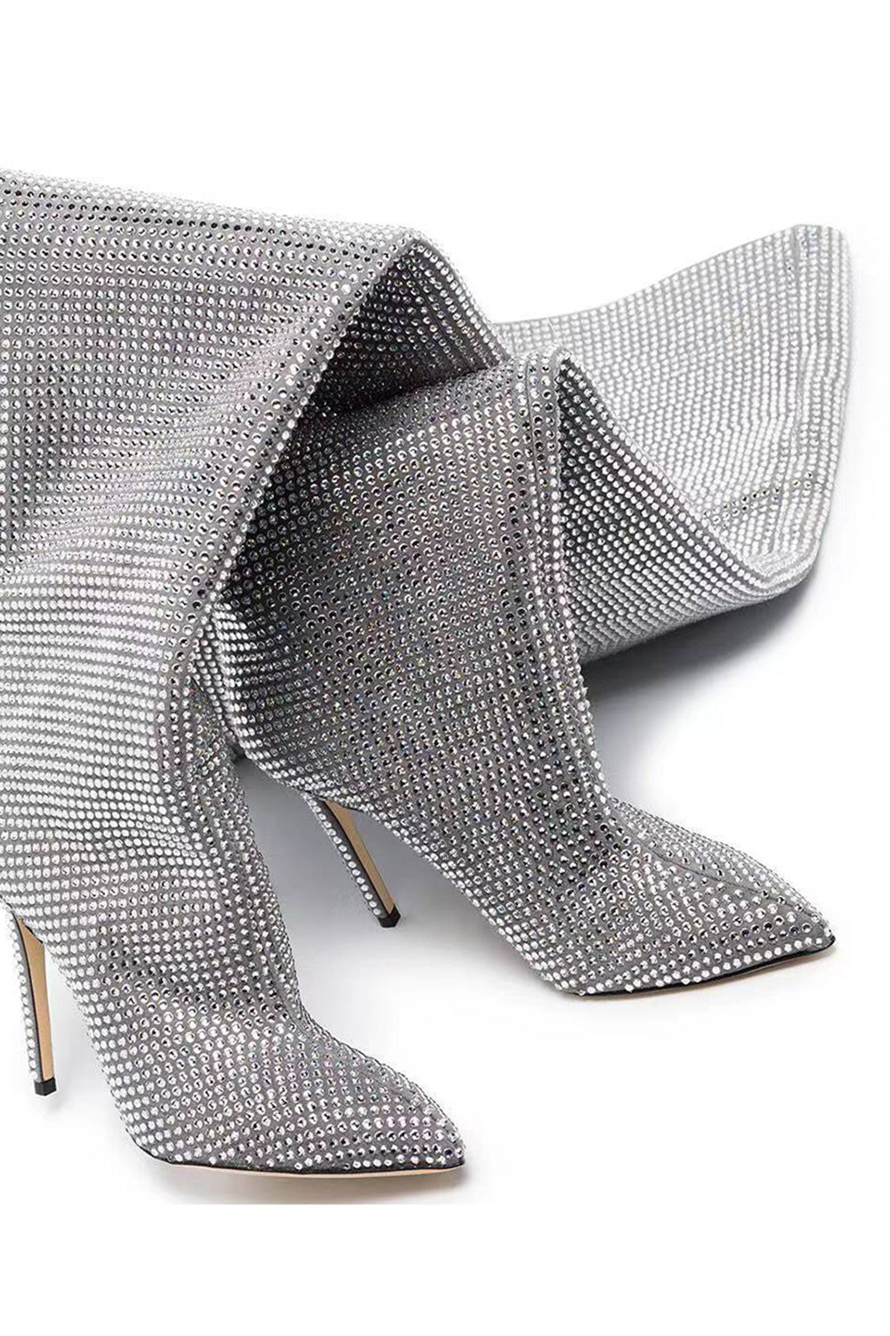 Sparkly Silver Rhinestone Over-The-Knee Stiletto Boots