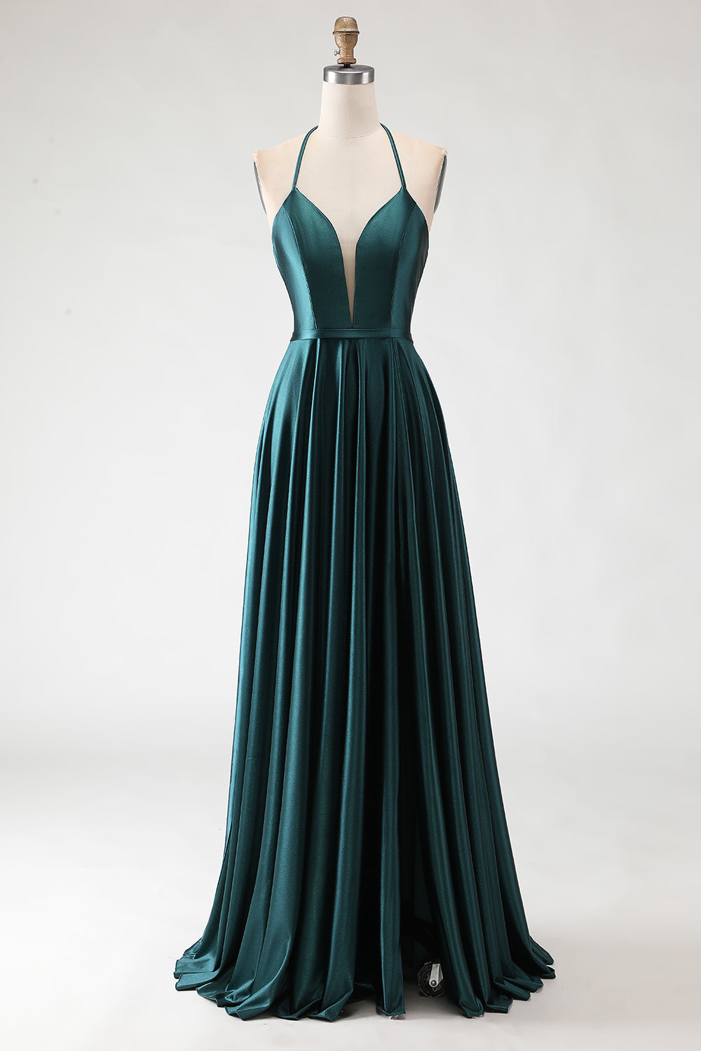 Dark Green A-Line Halter Satin Prom Dress With Slit
