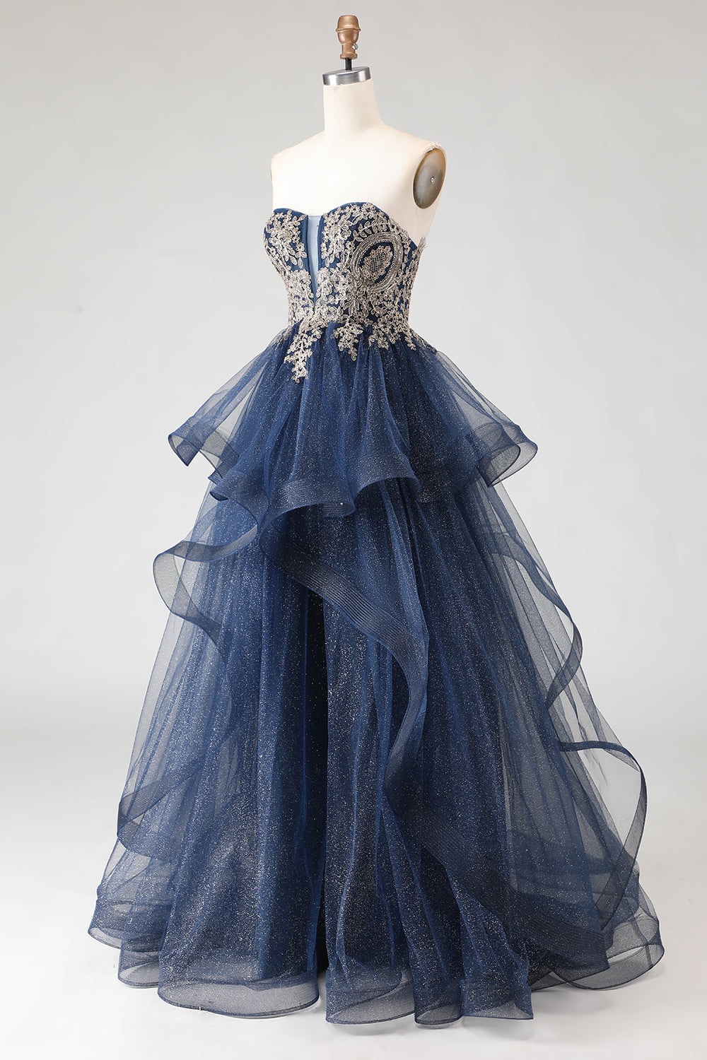 Glitter Navy Strapless Appliqued Princess Prom Dress