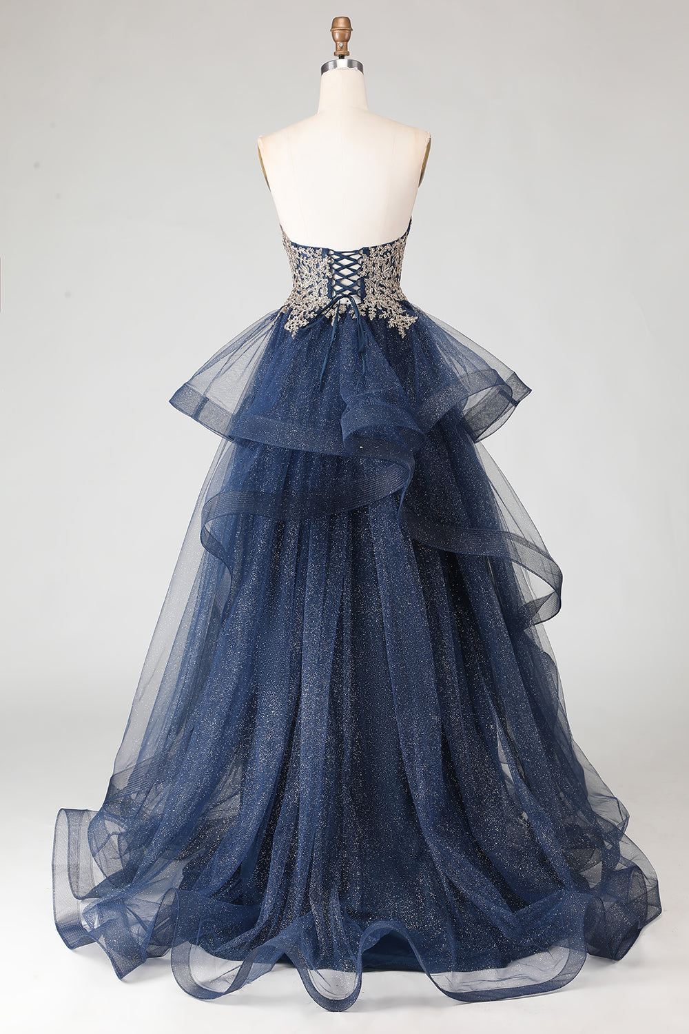 Glitter Navy Strapless Appliqued Princess Prom Dress