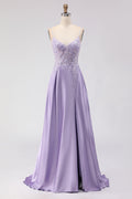 Purple A-Line Satin Appliqued Prom Dress With Slit